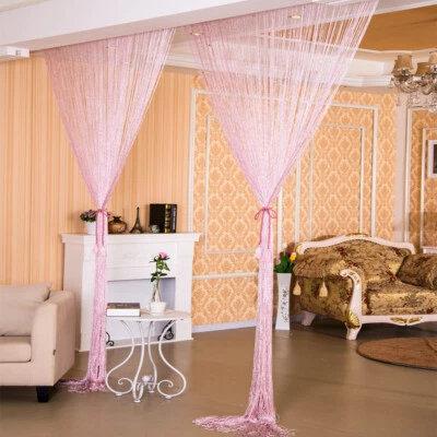 String Door Curtain Silver Ribbon Doorway Room Divider Window Panel Tassel Decor - Image 1 of 4