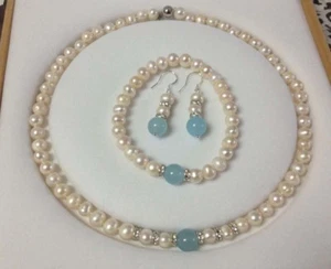 White Cultured Pearl Blue Aquamarine Necklace Bracelet Earrings Set PN550 - Picture 1 of 5