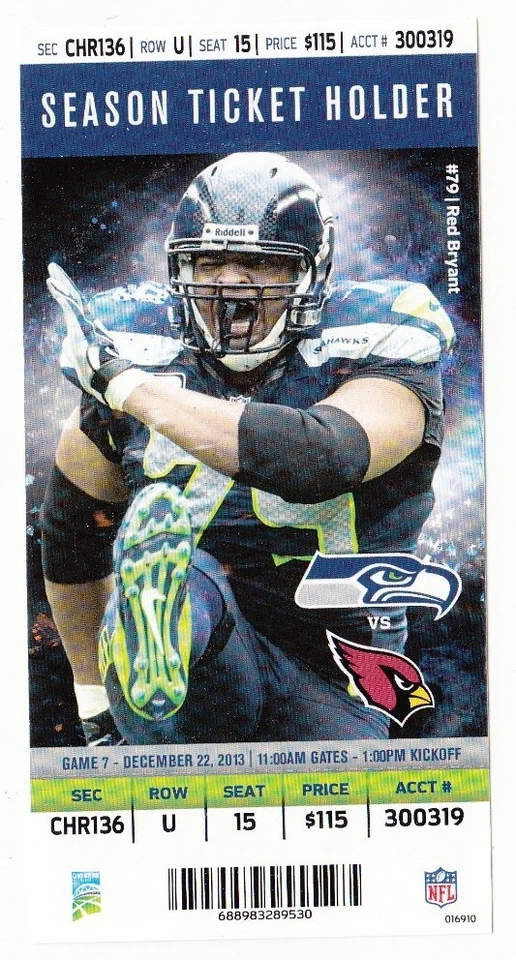 2013 SEATTLE SEAHAWKS VS ARIZONA CARDINALS TICKET STUB 11/22/13 RED BRYANT - Image 1 of 1