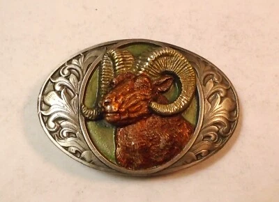 Bergamota Bighorn Ram 1993 peltre con reflejos acrílicos hebilla de cinturón Foto 1 de 4