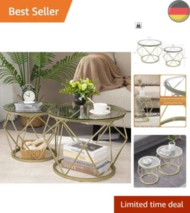 Couchtisch rund, 2er Set Beistelltische, Beistelltisch-Set mit Metallrahmen, ... - Bild 1 von 2