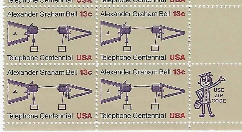 US Alexander Graham Bell Telephone Centennial 13c Zip Block of 4 Scott #1683 - Image 1 of 1