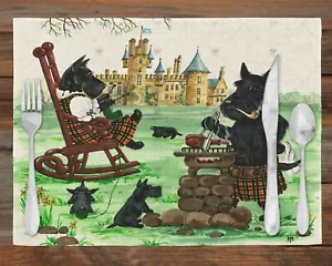 SET OF 4 KITCHEN LINEN PLACEMAT ART RYTA BARBEQUE SCOTTIE SCOTTISH TERRIER DOG - Picture 1 of 1