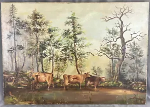 Pintura al óleo sobre lienzo de 1882 ~ Ganado en estanque, colas de gato ~ Camilla antigua con cuñas - Imagen 1 de 12