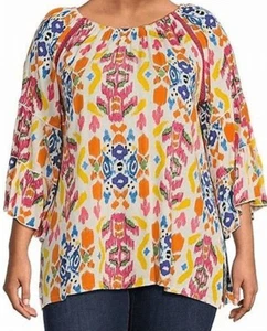 NEW Plus Size 2X Calessa Women's Ikat Tunic 3/4 Bell Sleeve Vibrant Print $69 - Picture 1 of 12