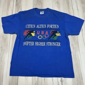 Vintage 90s USA Olympic Rings Graphic Blue Tee Official USOC Size L - Picture 1 of 6