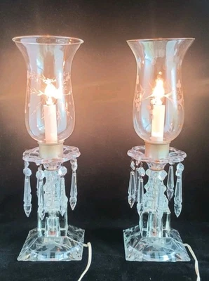 Antique Lights Pair Of Prism Crystal Candelabra Lamps With Etched Glass Shades - Image 1 of 4