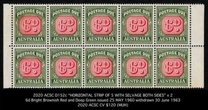 AUSTRALIA POSTAGE-DUE BLOCK-OF-10! 1958-1963 6d GREEN NO WMK ACSC: D152c CV$120 - Picture 1 of 4