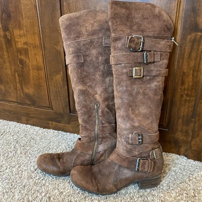 Bacio 61 Botas Mujer 10 Profondo Zapatos Marrón Motocicleta Arnés Montar Sobre la Rodilla Foto 1 de 4