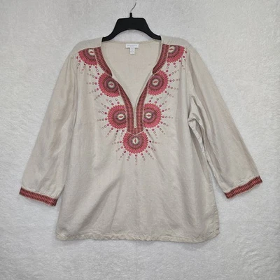 Camisa Top Charter Club Petite XL Beige Manga 3/4 Cuello Redondo Dividido Bordada Foto 1 de 4