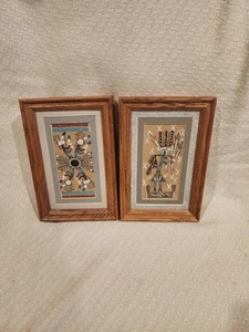 2 Vintage Native American Navajo 6x9 Framed & Signed Sand Painting Wall Art - Picture 1 of 12
