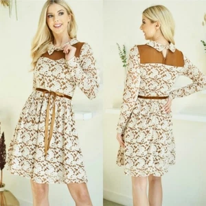 A'reve handmade collared western skater dress cream brown floral medium - Picture 1 of 7