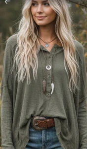 Free People Shirt Damen XS Grün Waffelstrick Henley Thermo High Low Boho - Bild 1 von 10