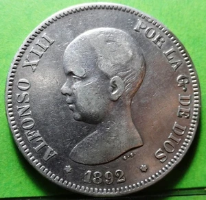 ALFONSO XIII, 5 Pesetas, 1892 *18 - 92, Ag - Picture 1 of 2