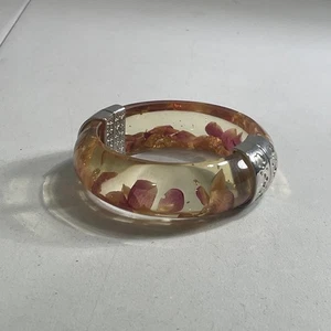 Silver-Tone Amber w/ Floral Accents Resin Bangle-Style Magnetic Bracelet - Picture 1 of 6