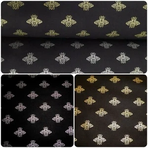 METALLIC BEES on BLACK Cotton Fabric Curtains Cushions Crafts GOLD or SILVER - Picture 1 of 9