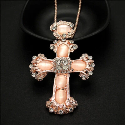 Moda Mujeres Colgante Ojo de Gato Cristal Cruz Estrás Suéter Cadena Collar Foto 1 de 4