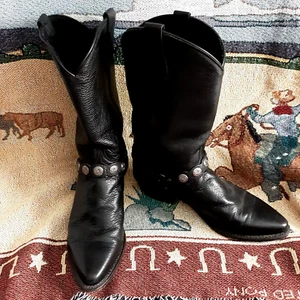 Abilene Womens Leather Boots Western Concho Harness Cowgirl Size 9.5M Black USA - Picture 1 of 20