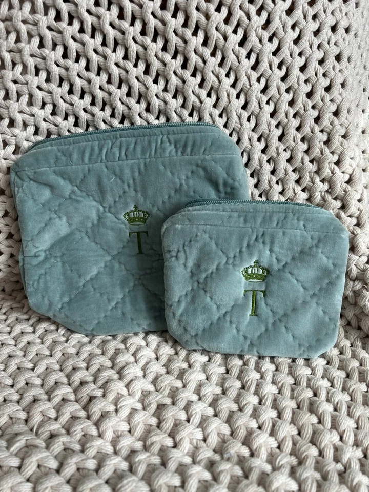 Pottery Barn косметический макияж сумка синий выстеганный бархат шелк с монограммой "T" комплект - Изображение 1 из 1