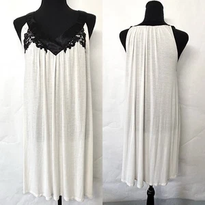 Midnight by Carole Hochman Nightgown White With Black Satin Knee Length Womens M - Picture 1 of 7