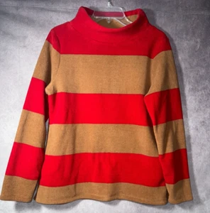 Talbots Fleece Mock Neck Pullover Sweatshirt Top Tan Red Striped MEDIUM - Picture 1 of 11