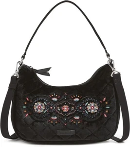 NWT Vera Bradley Frannie Crescent Crossbody Bag purse Black Velvet aqua floral - Picture 1 of 9