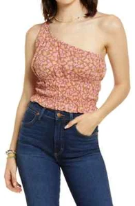 BP. One-Shoulder Crop Top Tan Pink Allison Floral Size XS NEW - Picture 1 of 3