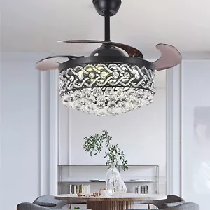 42" Crystal Chandelier 3 Colors 3 Speeds Retractable Ceiling Fan Black Fandelier - Picture 1 of 14