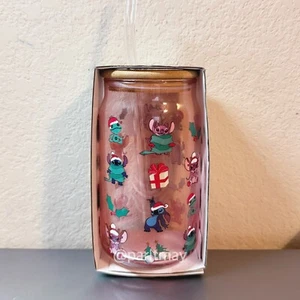 Disney Stitch Pink Christmas Glass Tumbler With Lid And Straw 16 Oz (NEW) - Picture 1 of 2