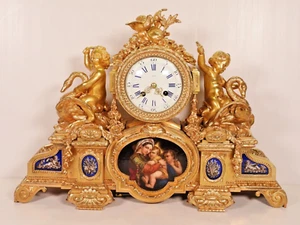 LARGE FRENCH PORCELAIN DIOR GILT BRONZE CLOCK FIGURAL MANTEL CLOCK GROHE PARIS - Picture 1 of 20