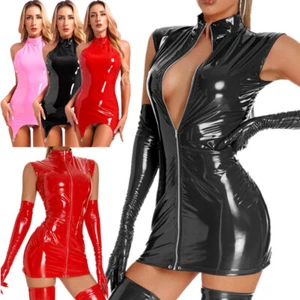 Damen Wetlook Minikleid Bodycon Lackleder Kleid mit Reißverschluss Dessous Club - Bild 1 von 55