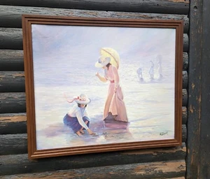 BEACH SCENE LADIES SEASCAPE FRAMED ORIGINAL OIL PAINTING ON CANVAS SIGNED - Picture 1 of 16
