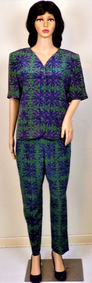 SILK! EVAN PICONE PETITES size 12 purple/green/yellow 2-piece suit jacket/pants - Image 1 of 4
