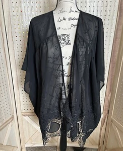Tinley Lace Trim Kimono Wrap Cover Up Elegant Sheer Black Sz Small - Picture 1 of 7