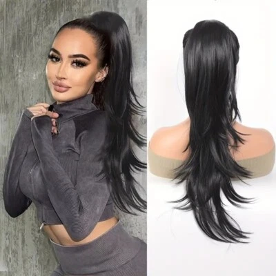 Extensión de cola de caballo con cordón de onda rizada negra de 24" para mujer sintética voluminosa Foto 1 de 4