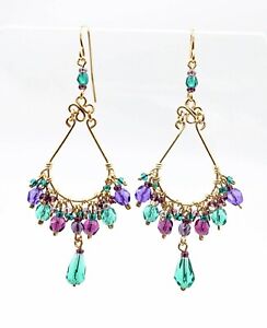 GORGEOUS Artisanal Purple Aquamarine Topaz Crystals Gold Chandelier Earrings