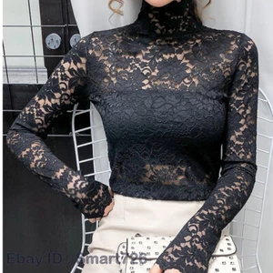 Ladies High Neck Slim Lace Floral Top Mesh Crochet Sheer Tee Shirt Blouse Chic - Picture 1 of 23
