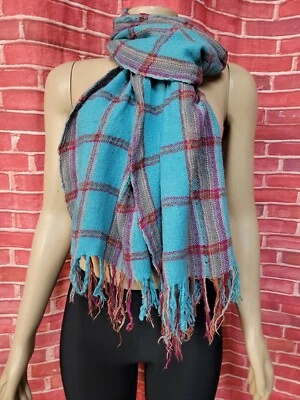 Bufanda con flecos Faliero Sarti lana azul a cuadros 82" por 15" #C2 Foto 1 de 4