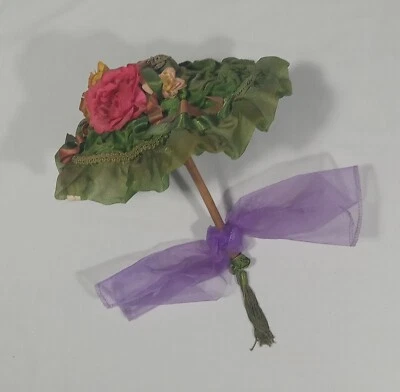 Elegante paraguas de madera para muñeca con borla y lazo decoración floral 14" Foto 1 de 4