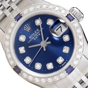 LADIES ROLEX DATE DIAMOND SAPPHIRE 18K WHITE GOLD & STEEL BLUE DIAL WATCH - Picture 1 of 8