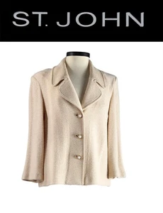 Giacca tweed St John Knits manica 3/4 latte bianco brillante taglia 10 nuova con etichette $1325 - Foto 1 di 3