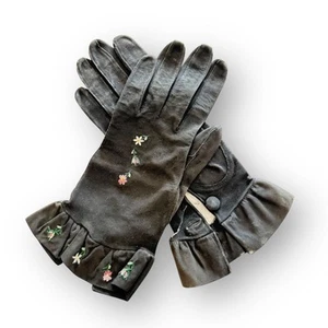 1920s Art Deco Black Suede Embroidered Vallier Lama Leather Driving Gloves VINTG - Picture 1 of 17