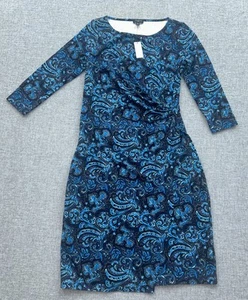Talbots Dress Size S Petite Blue Paisley Sheath Faux Wrap 3/4 Sleeve - Picture 1 of 7