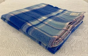 Vintage Waverley Blue Check Pure Wool Narrow Single Blanket Shrunk 210x135cm - Picture 1 of 18