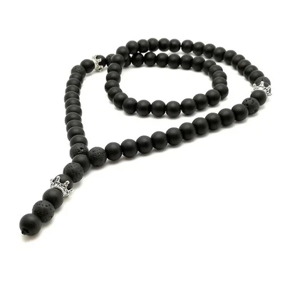 Collana di perle nere onice pietra lavica corona gioielli acciaio rosario regalo - Immagine 1 di 4