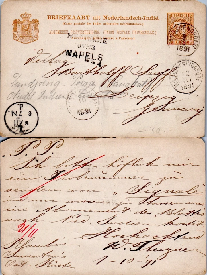 НИДЕРЛАНД ИНДИ ПОЧТОВЫЕ КАНЦЕЛЯРСКИЕ ТОВАРЫ 1891 в ГЕРМАНИЮ НАД НЕАПОЛЕМ (A19/13) - Изображение 1 из 1