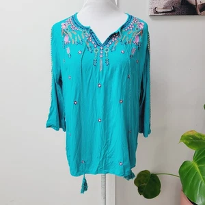 Nare Moda Floral Embroidered Tunika Top Bohemian Festival Bluse Teal XL Quasten - Bild 1 von 4