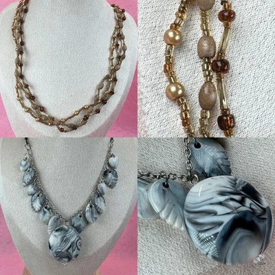 Lot 2 VTG Costume Necklaces Multi-Strand Amber Gold Beads & Gray Marble Dangle - Image 1 of 4