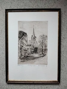 Radierung H.Nitschke Sindelfingen Gasth.Hirsch mit Kirche signiert ger.35x49cm - Bild 1 von 1