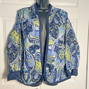 Koret Quilted Jacket Women Extra Large Blue Yellow Paisley Open Front Flip Cuff - Picture 1 of 11
